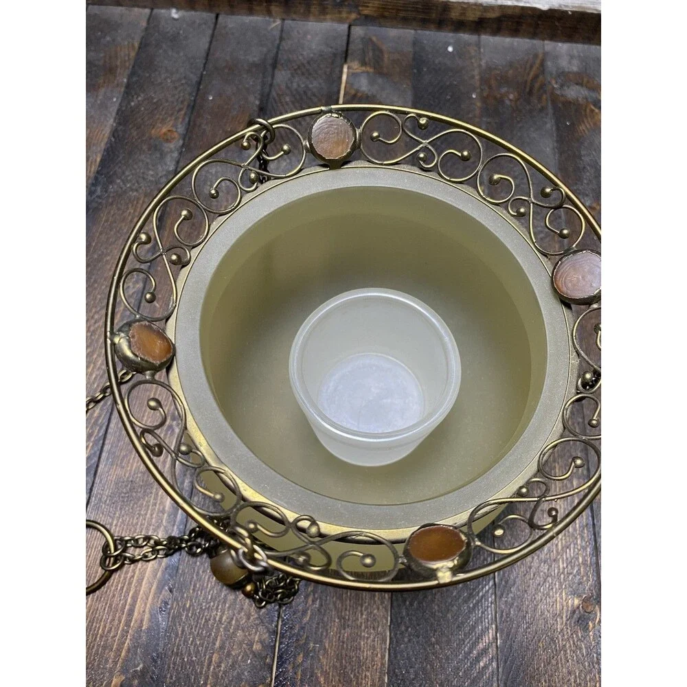 PartyLite Frosted Amber Glass Hanging Votive Candle Holders Pair Ornate Brass - Picture 4 of 9